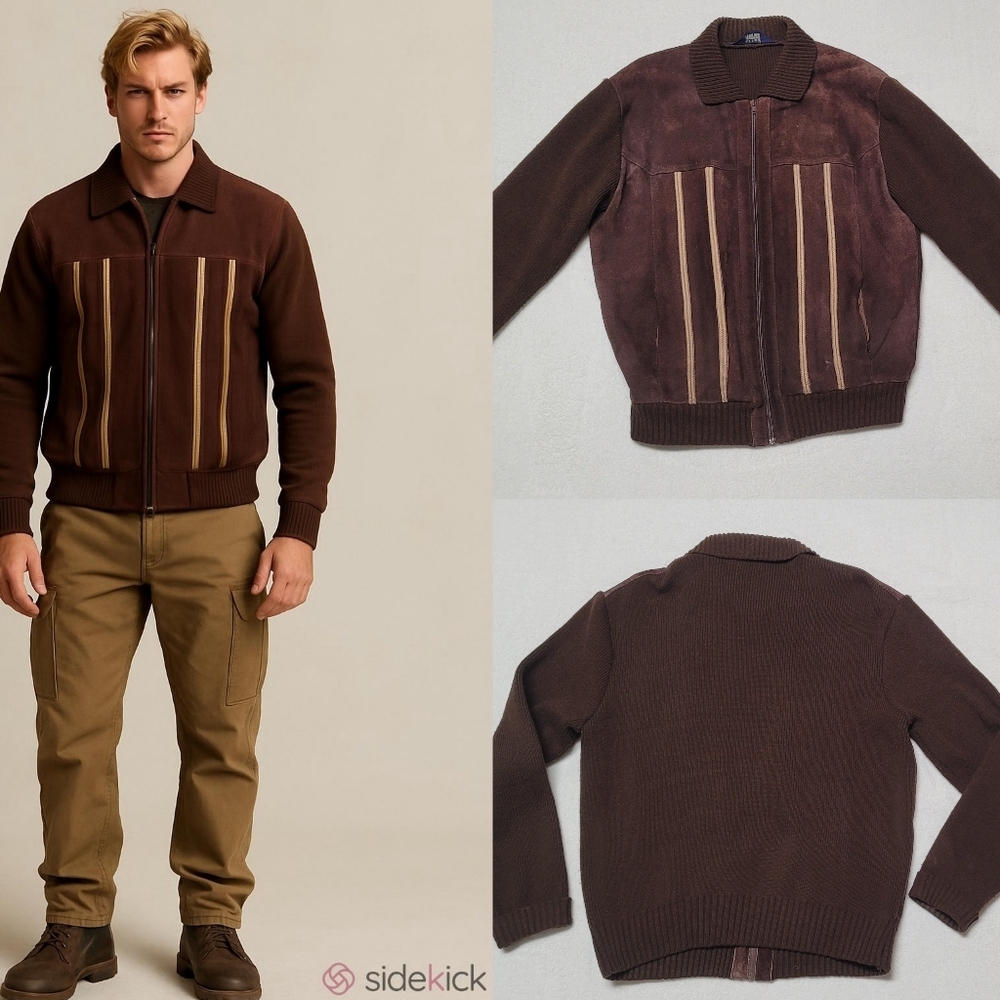 Network Vintage 1970s Brown Split Leather Striped Sweater Full-zip Bomber Jacket